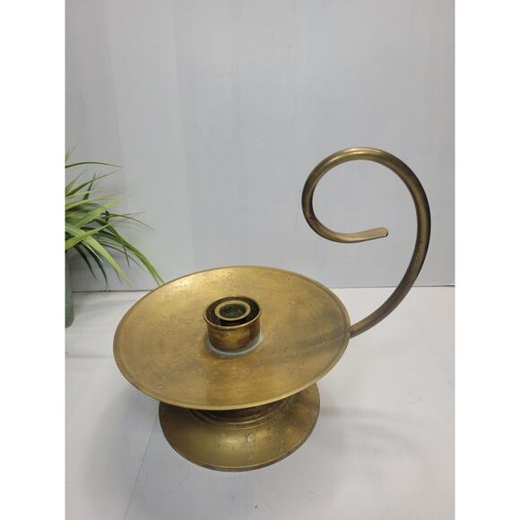 Vintage Brass Hurricane Candle Holder, Curved Handle Colonial Chamberstick - Picture 2 of 5